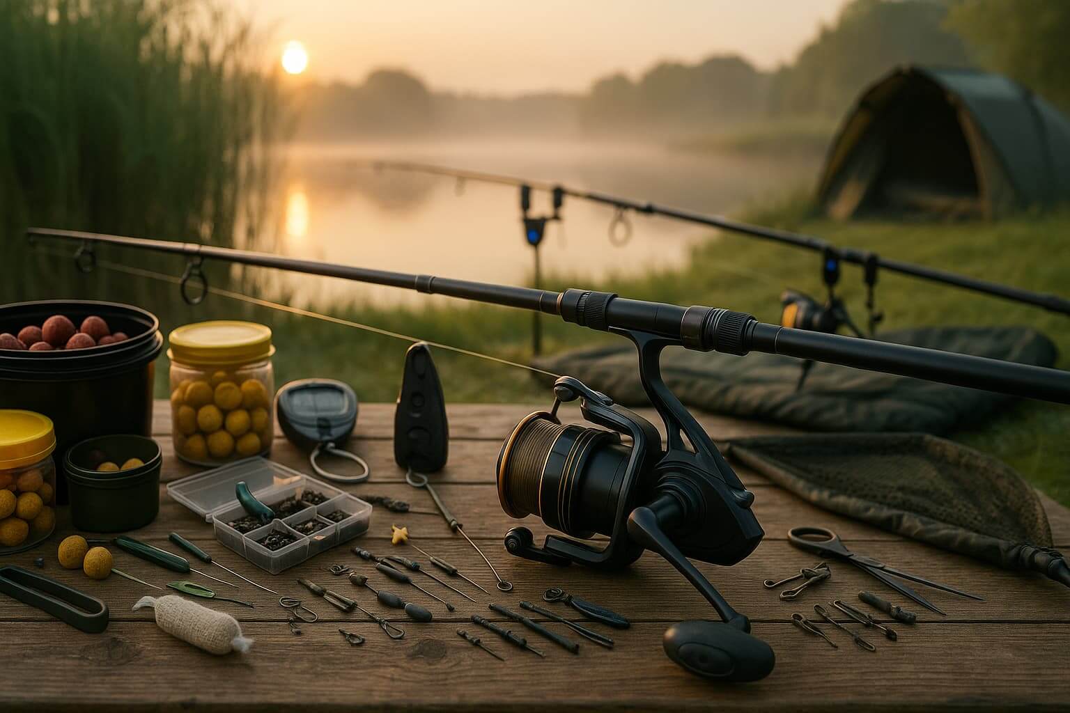 Karpfen-Tackle übersichtlich auf Matte: Ruten, Rollen, Schnüre und Rigs